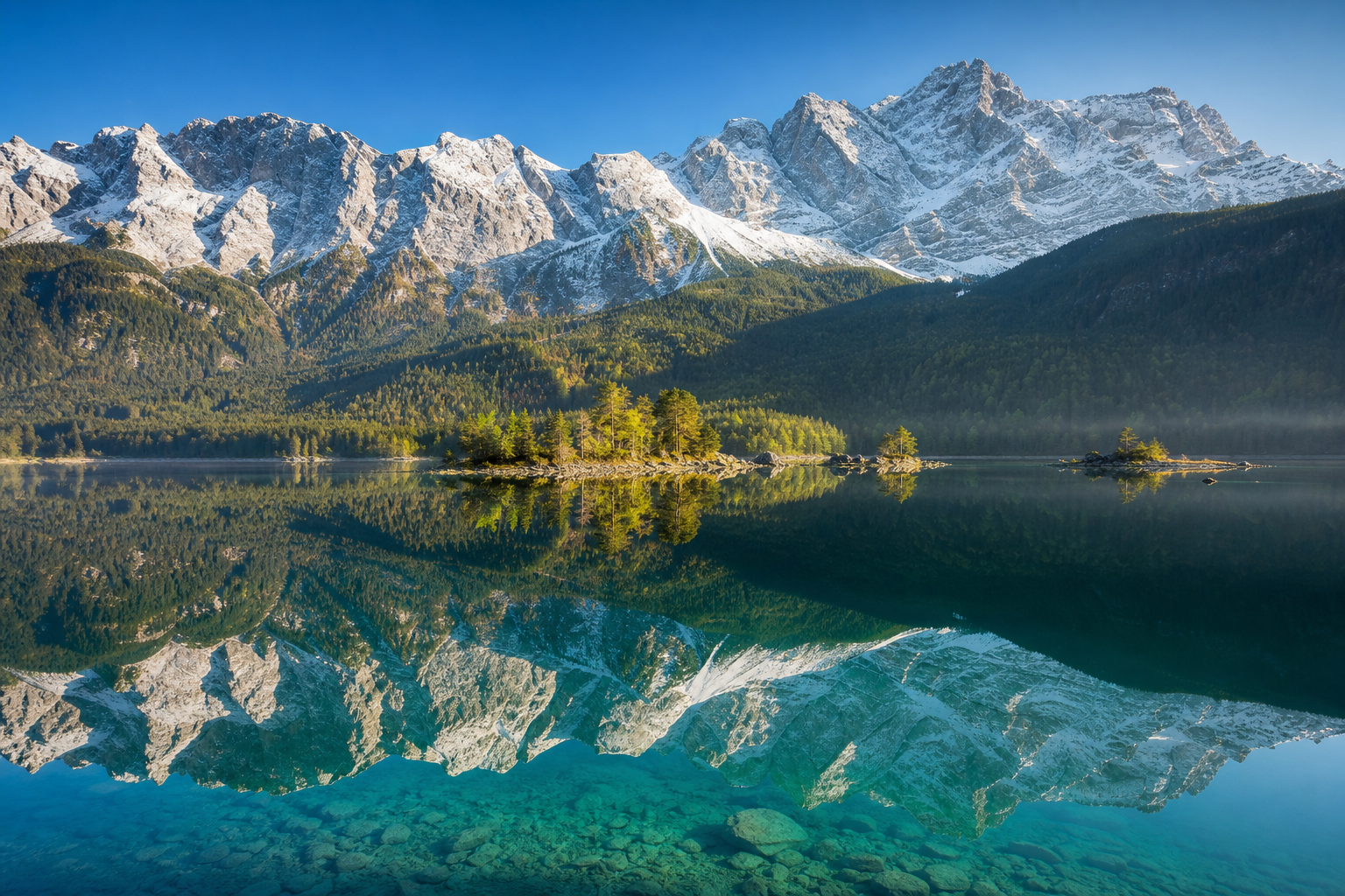 Türkisfarbener Eibsee vor den Gipfeln der Bayerischen Alpen im Morgenlicht