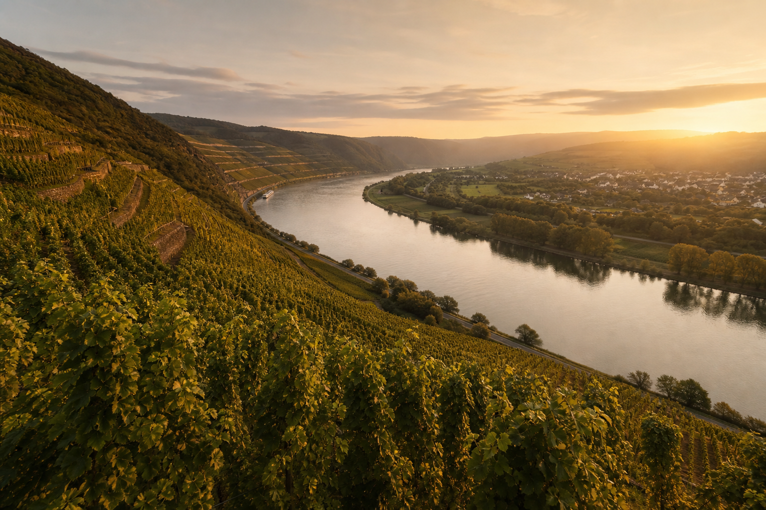 Weinberge entlang der Mosel im weichen Abendlicht