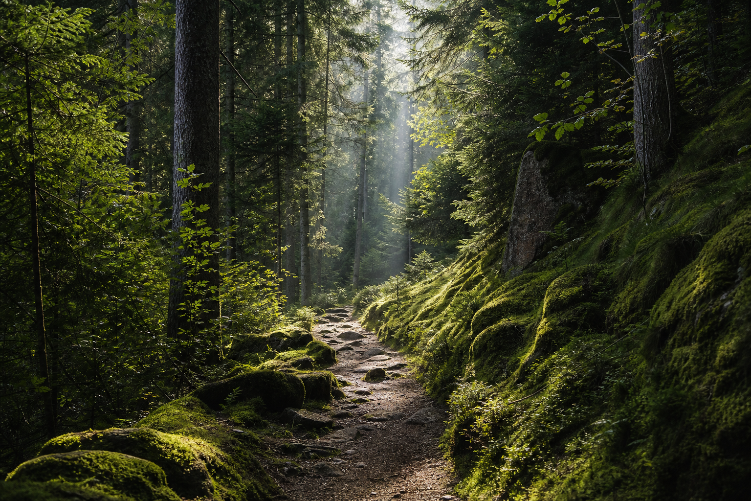 Wanderweg durch dichten Nadelwald im Schwarzwald mit Sonnenlicht zwischen den Baumkronen